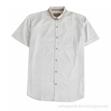 Men's Short-sleeve Print Band Collar Casual Cotton Shirt